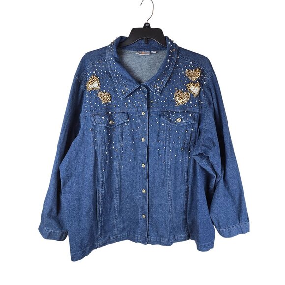 Quacker Factory Womens 3X Denim Blouse With Gold & Pearl Heart Embellishments - Picture 1 of 8